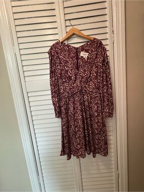 ba&sh Burgundy and Cream Long-Sleeve Printed Dress